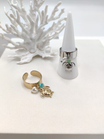 Δαχτυλίδι ατσάλινο με κρεμαστή χελώνα & ακρυλική καρδιά #552797