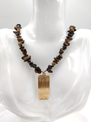 Κολιέ με τσιπς μάτι τίγρης & ατσάλινο ανάγλυφο μοτίφ #953028