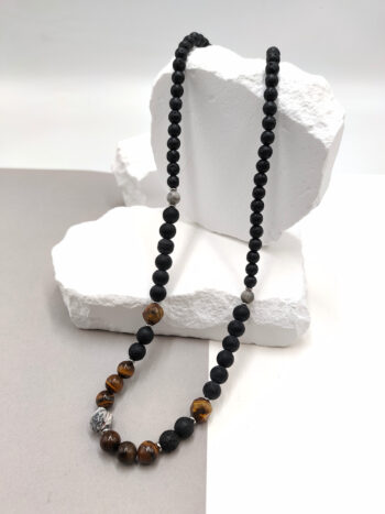 Κολιέ μακρύ με ημιπολύτιμες πέτρες & χάντρες λάβας #793136